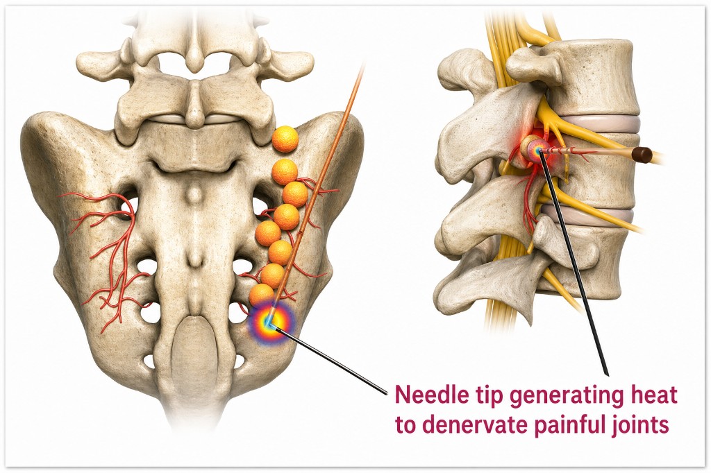 Needle tip generating heat to denervate painful joints